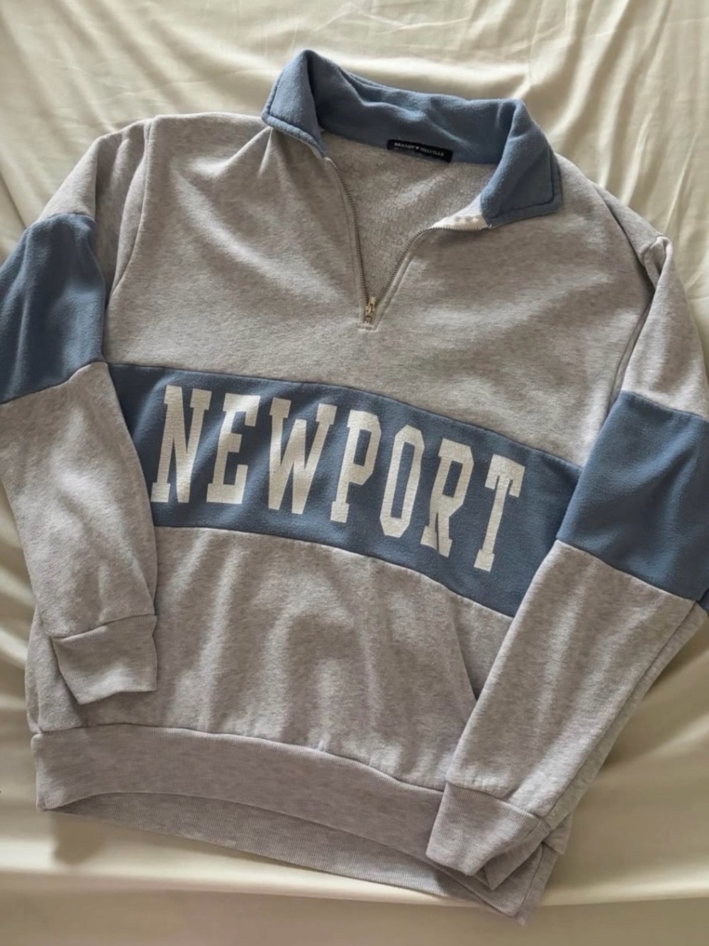 Brandy Melville Newport Color Block Quarter-Zip Sweatshirt in Gray & Blue